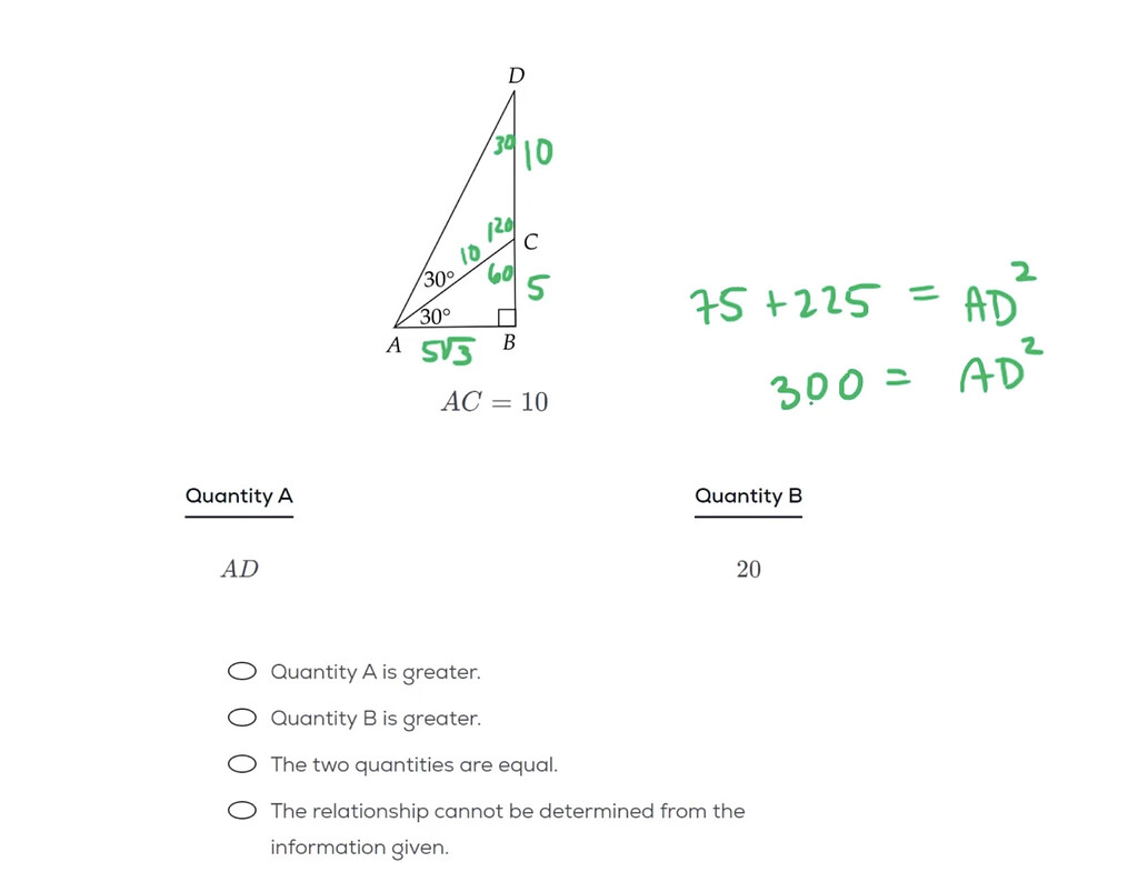 Problem Using The Triangle Rule Tickbox Quiz #10, Q25: Can we solve for AD here by using the 30-60-90 ...
